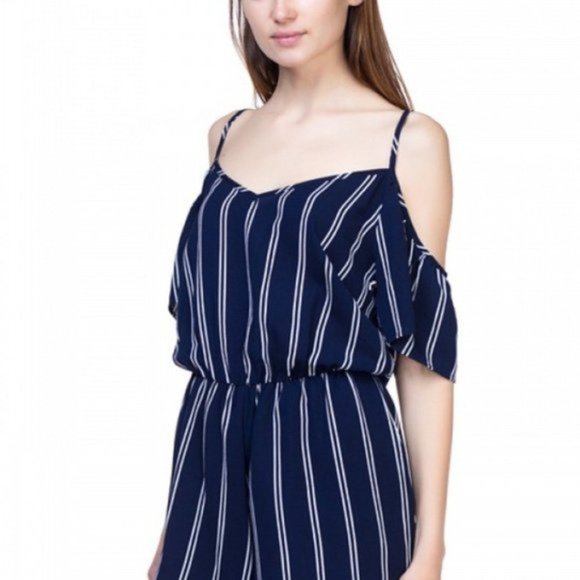Pinstripe Cold Shoulder Romper Jumpsuit Shorts - Picture 3 of 7